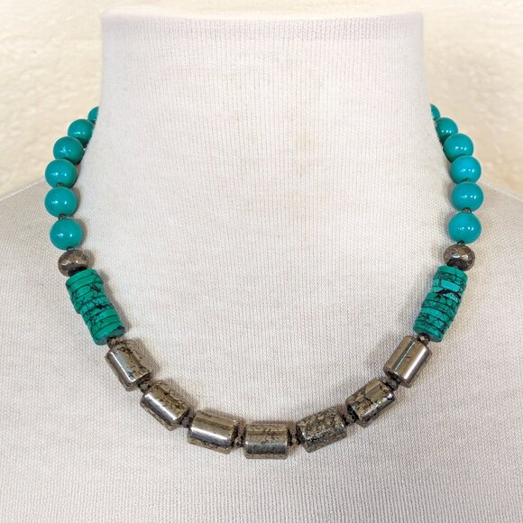 Rustic Southwestern Turquoise Blue & Gold Pyrite Statement Necklace - Picture 1 of 3